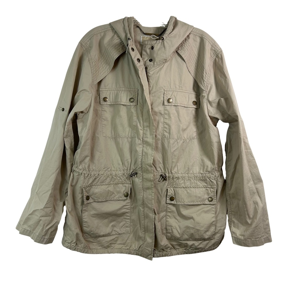 Michael Kors Tan Khaki Cotton Utility Field Jacket Hooded Drawstring Waist Large